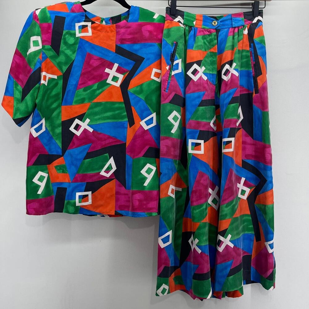 Vintage 80s Geometric Culotte Pant Set Womens Small/Medium Silk Wide Leg‎ Bright